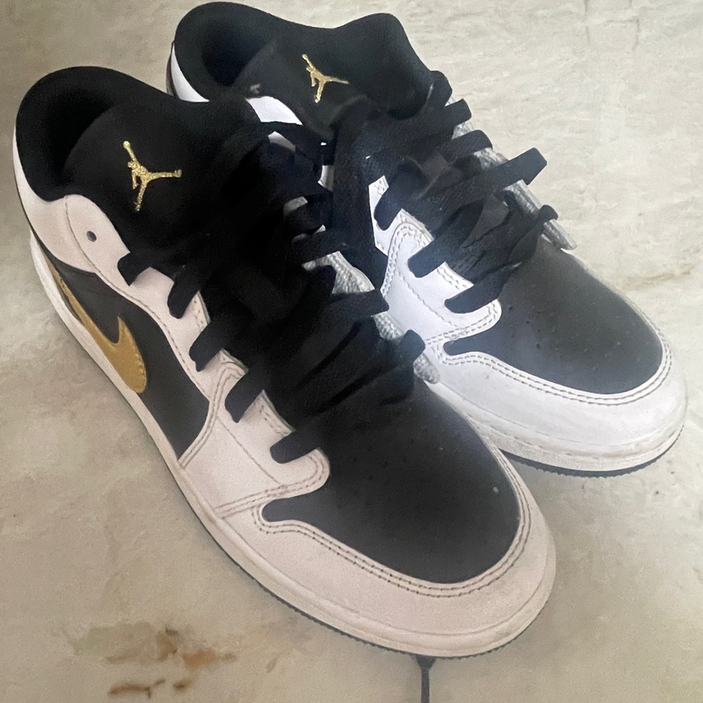 Jordan boys Black, White, and Gold Sneakers